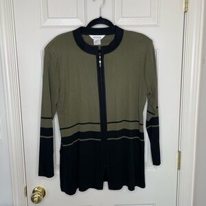 Exclusively Misook Olive Green & Black Zip-Up Knit Cardigan Jacket L